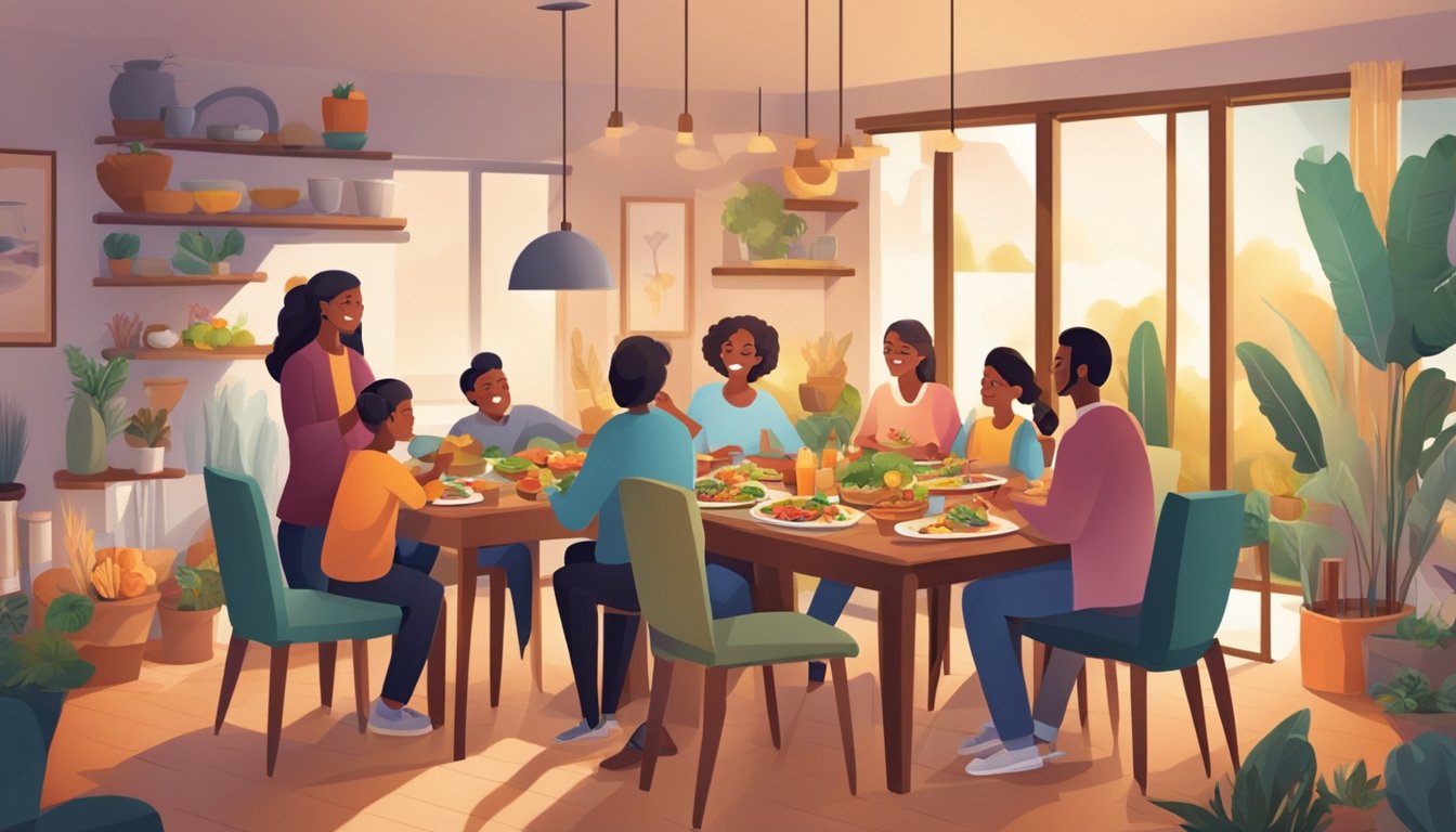 A family sitting down to a meal together, with a variety of healthy and colorful foods on the table. The atmosphere is warm and inviting, with everyone engaged in conversation and laughter