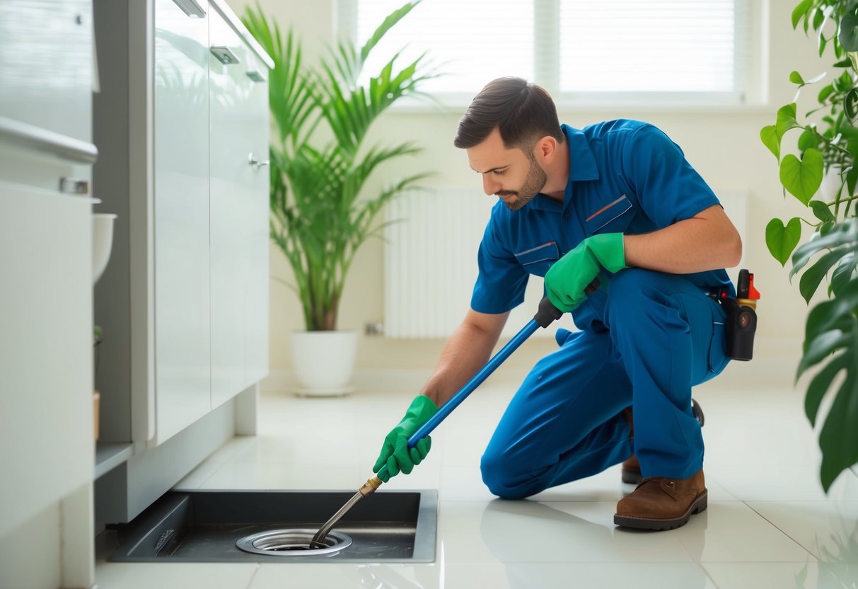 A technician cleaning a drain in a well-lit, tidy indoor environment, with fresh air circulating and plants adding to the clean, healthy atmosphere