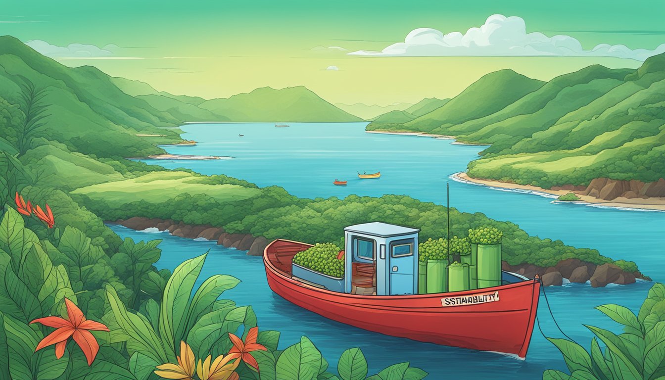 A lush green coastline with a clear blue ocean, a red boat labeled "Sustainability and Environmental Considerations" collecting premium fish sauce