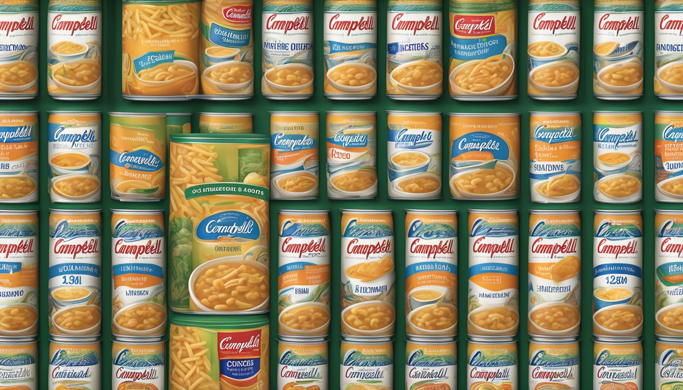 A shelf filled with rows of Campbell's condensed chicken noodle soup in various packaging and sizes