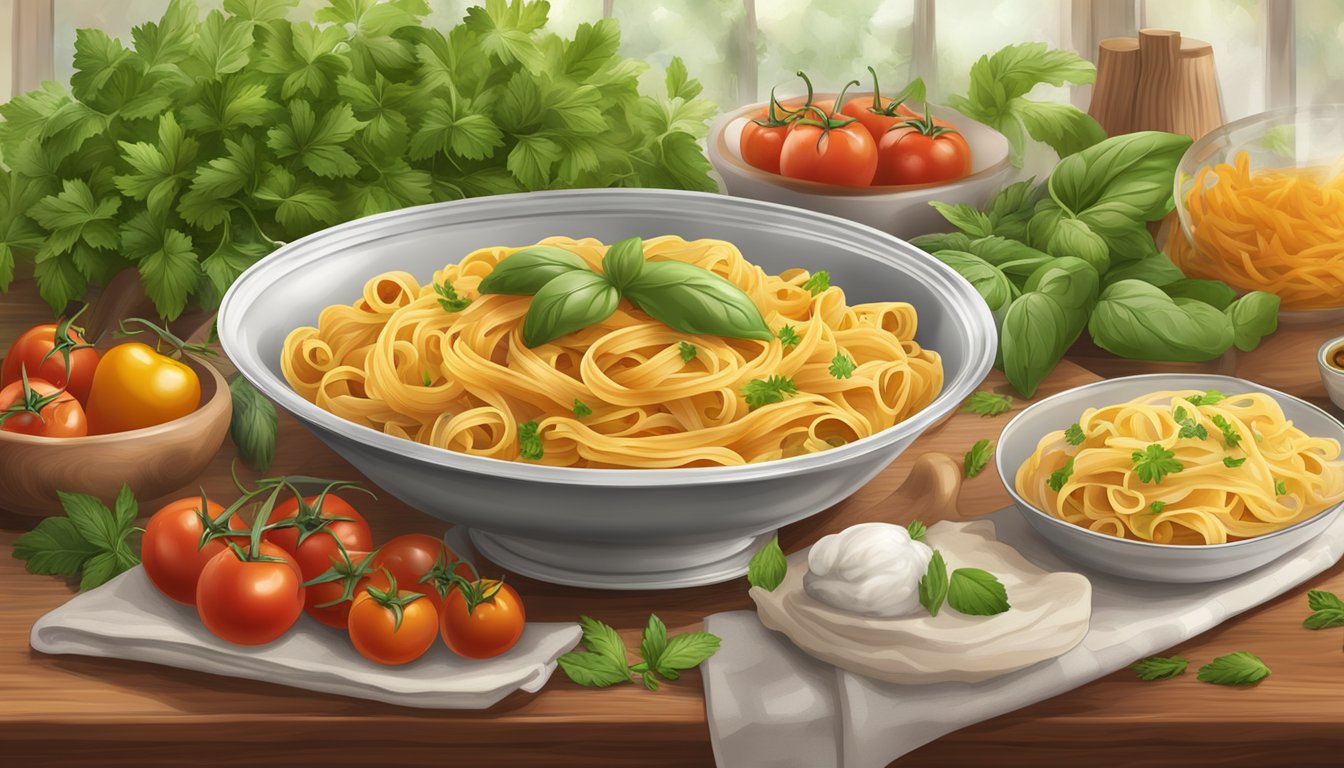 A table set with a steaming plate of pasta topped with Prego traditional Italian pasta sauce, surrounded by fresh herbs and vegetables