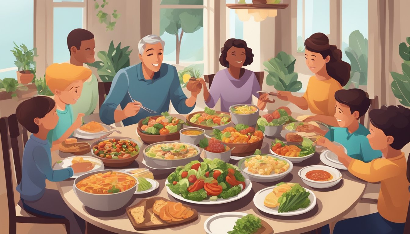 A family gathering around a table for a meal, with a variety of healthy and delicious food options spread out in front of them