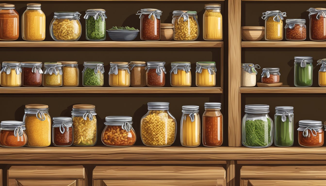 A rustic kitchen pantry with shelves stocked with jars of Prego traditional Italian pasta sauce