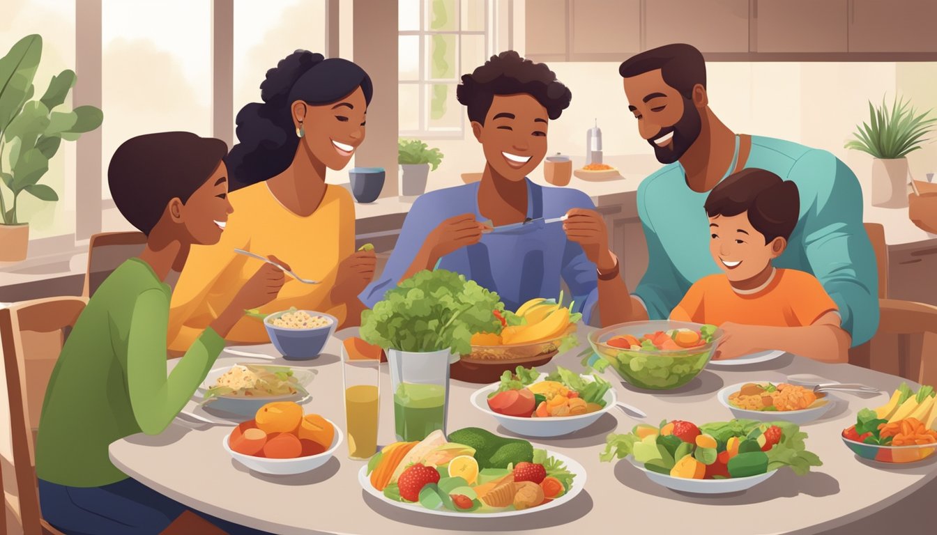 A family sitting around a table with a variety of healthy foods, enjoying a meal together