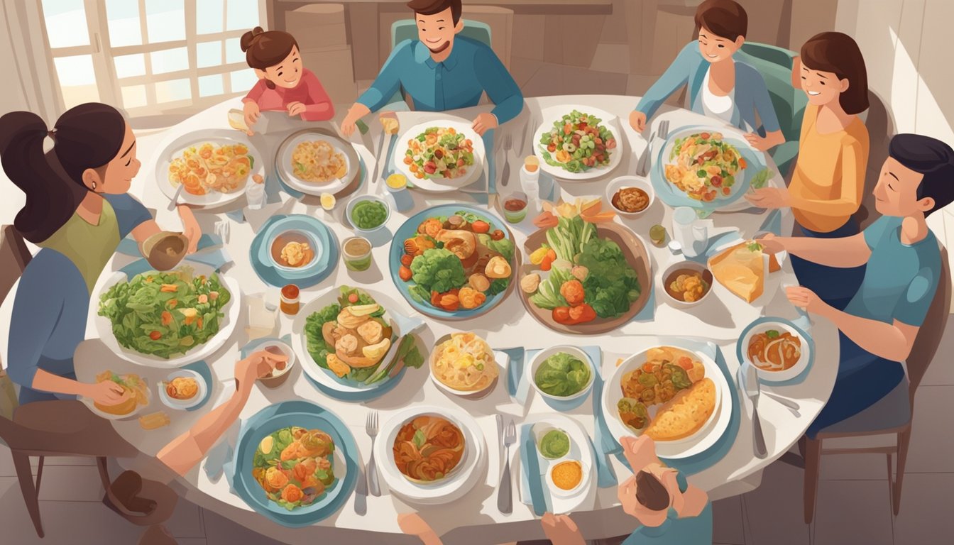 A family sitting around a table with different plates of food, each member enjoying their own variation of a meal