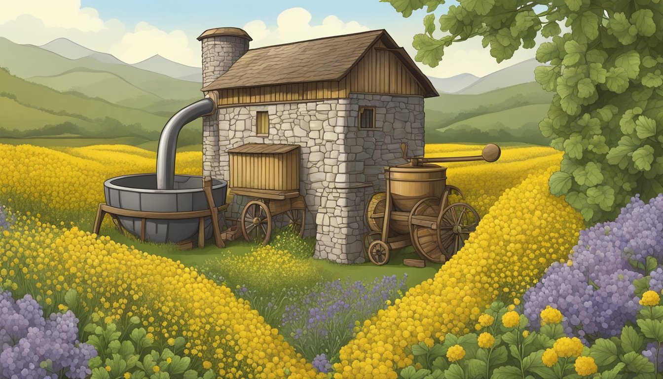 A rustic stone mill grinds mustard seeds, surrounded by various mustard plant varieties