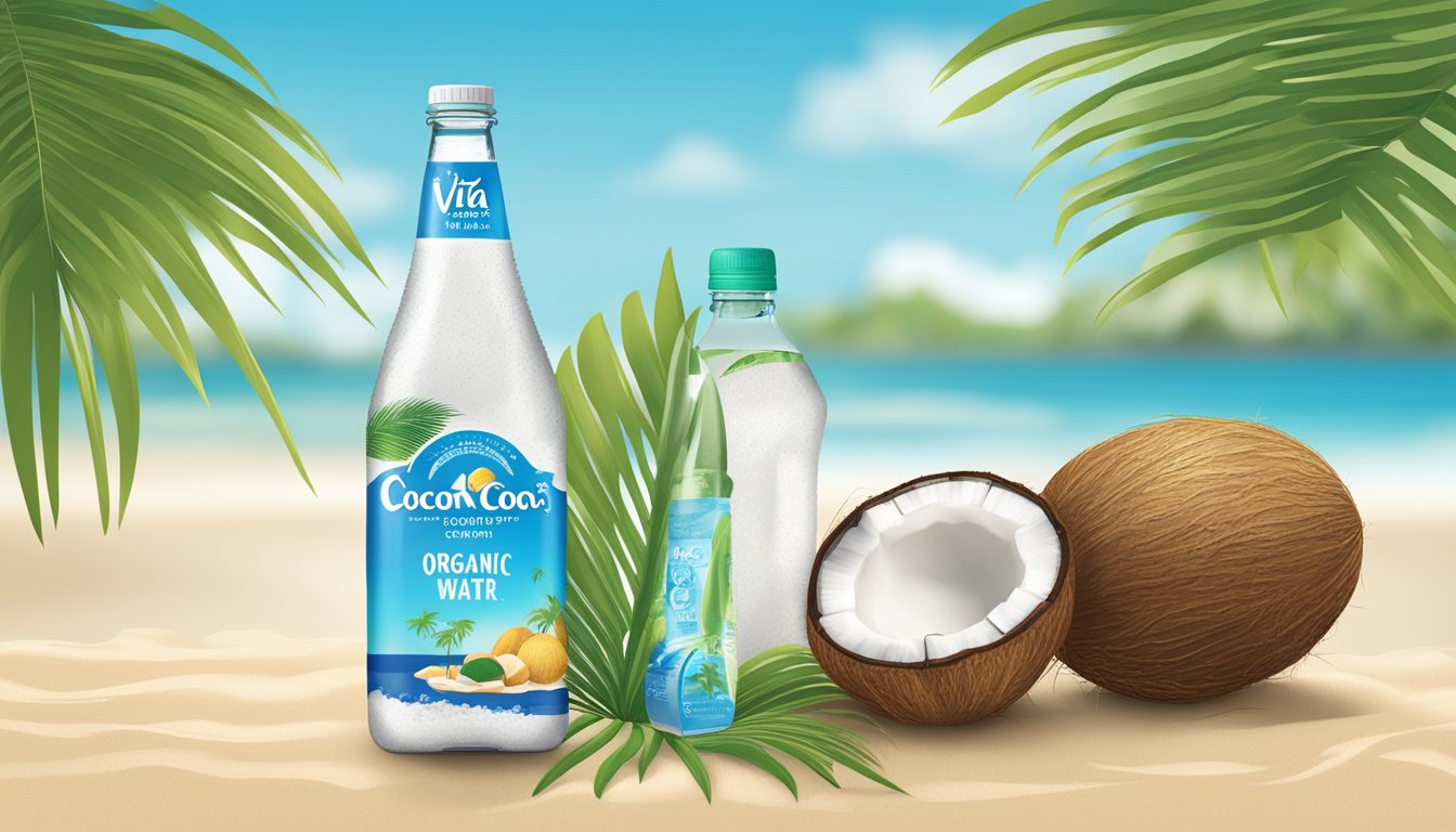 A tropical beach scene with a palm tree, coconuts, and a clear blue sky, with a bottle of Vita Coco organic coconut water placed on the sand