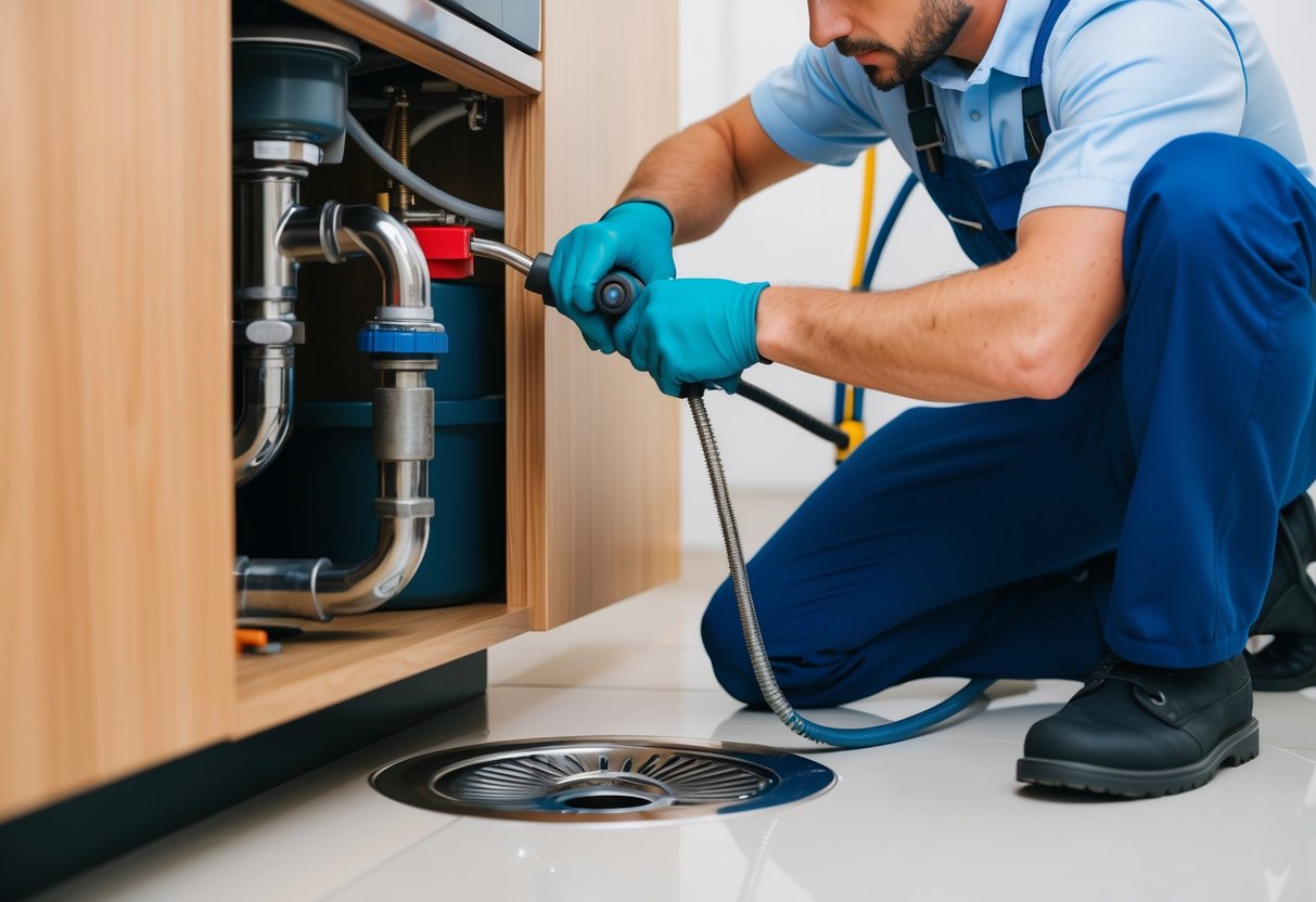 A plumber inspecting and cleaning a drain with tools and equipment