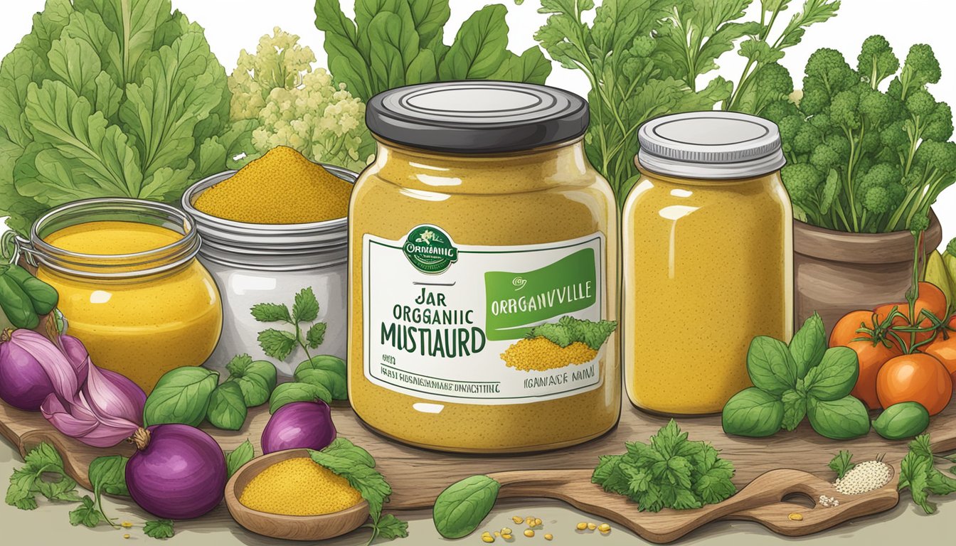 A jar of Organicville stone ground organic mustard surrounded by various fresh organic ingredients