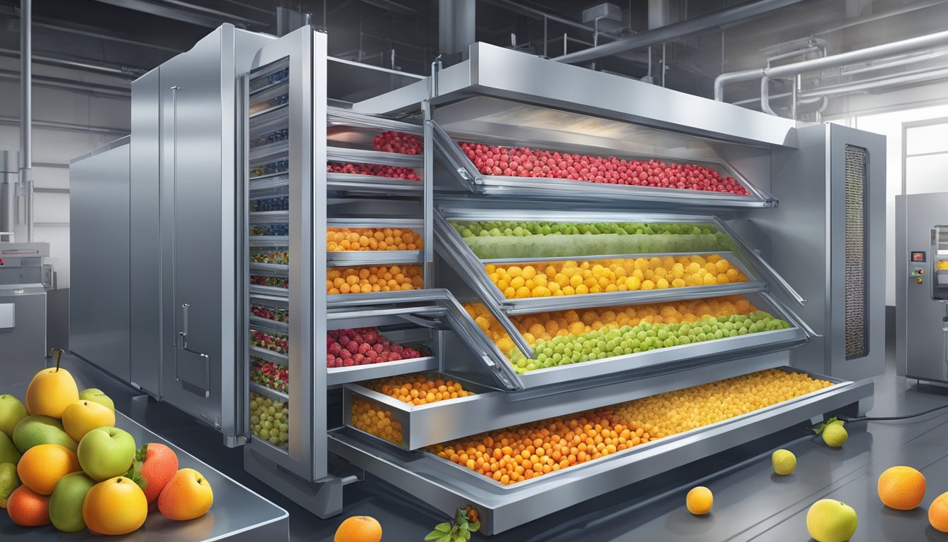 A large industrial machine processes colorful fruits through a series of chambers, using controlled temperatures and pressure to remove moisture, leaving behind perfectly preserved freeze-dried fruits