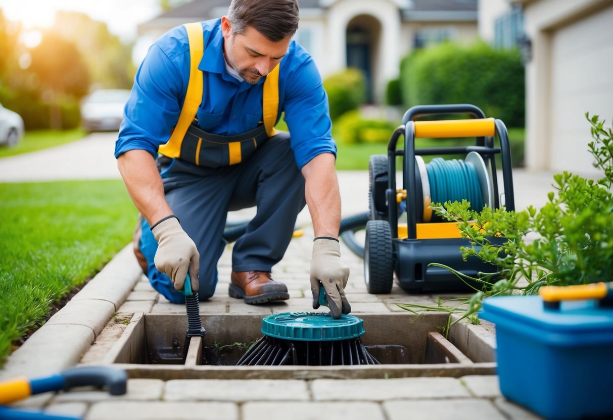 A landscaper inspecting and clearing clogged drains in a residential yard, surrounded by tools and equipment