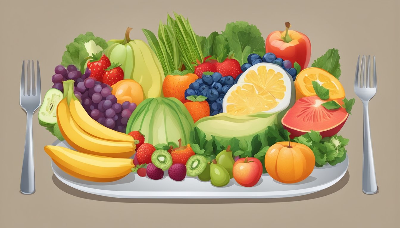 A table set with a colorful array of fruits, vegetables, grains, and proteins, with a single plate holding a balanced meal in the center