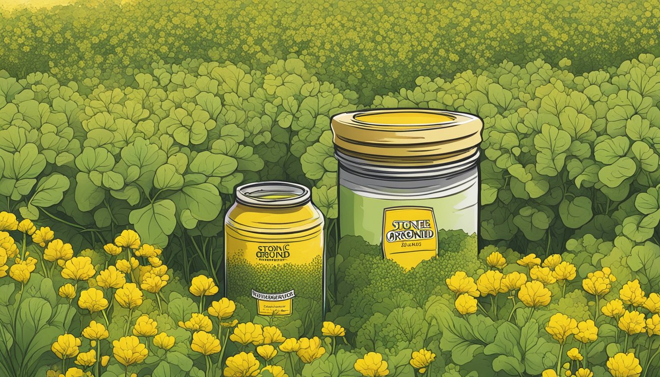 A jar of Organicville's stone ground organic mustard surrounded by fresh, vibrant mustard plants in a sunny field