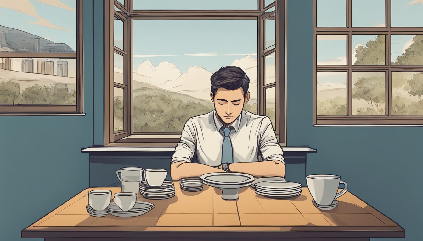 A person sitting alone at a table, surrounded by empty plates and a calendar, deep in thought