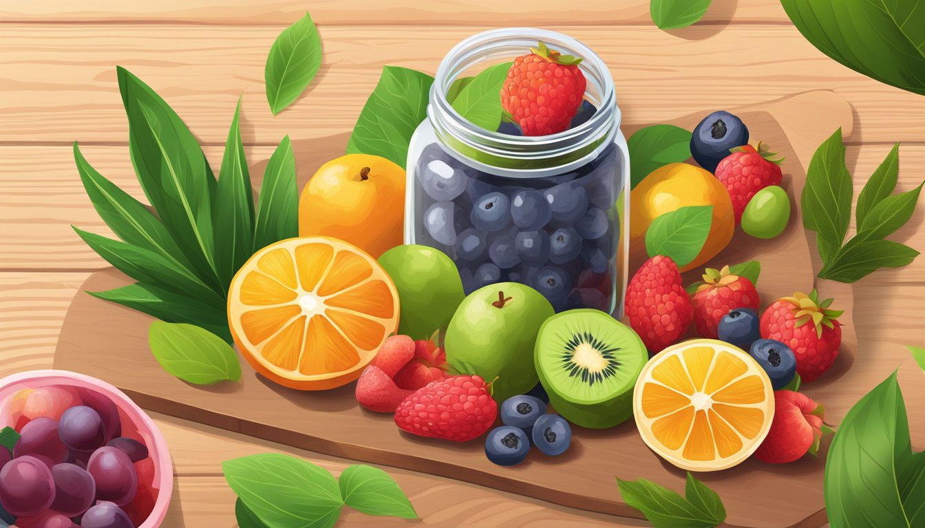 A colorful array of freeze-dried fruits spill from a glass jar onto a wooden cutting board, surrounded by fresh fruit and vibrant green leaves