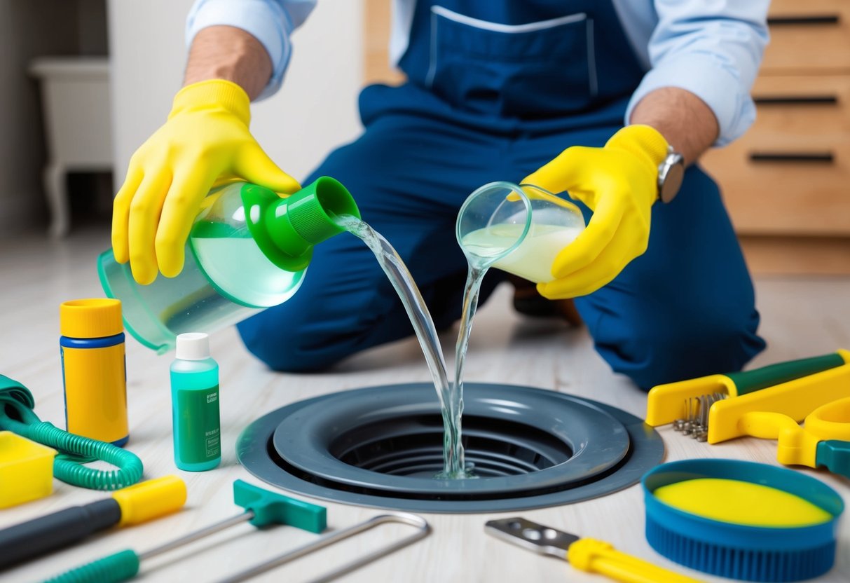 A person pouring eco-friendly solution into a clear drain, surrounded by various tools and products for preventative drain maintenance