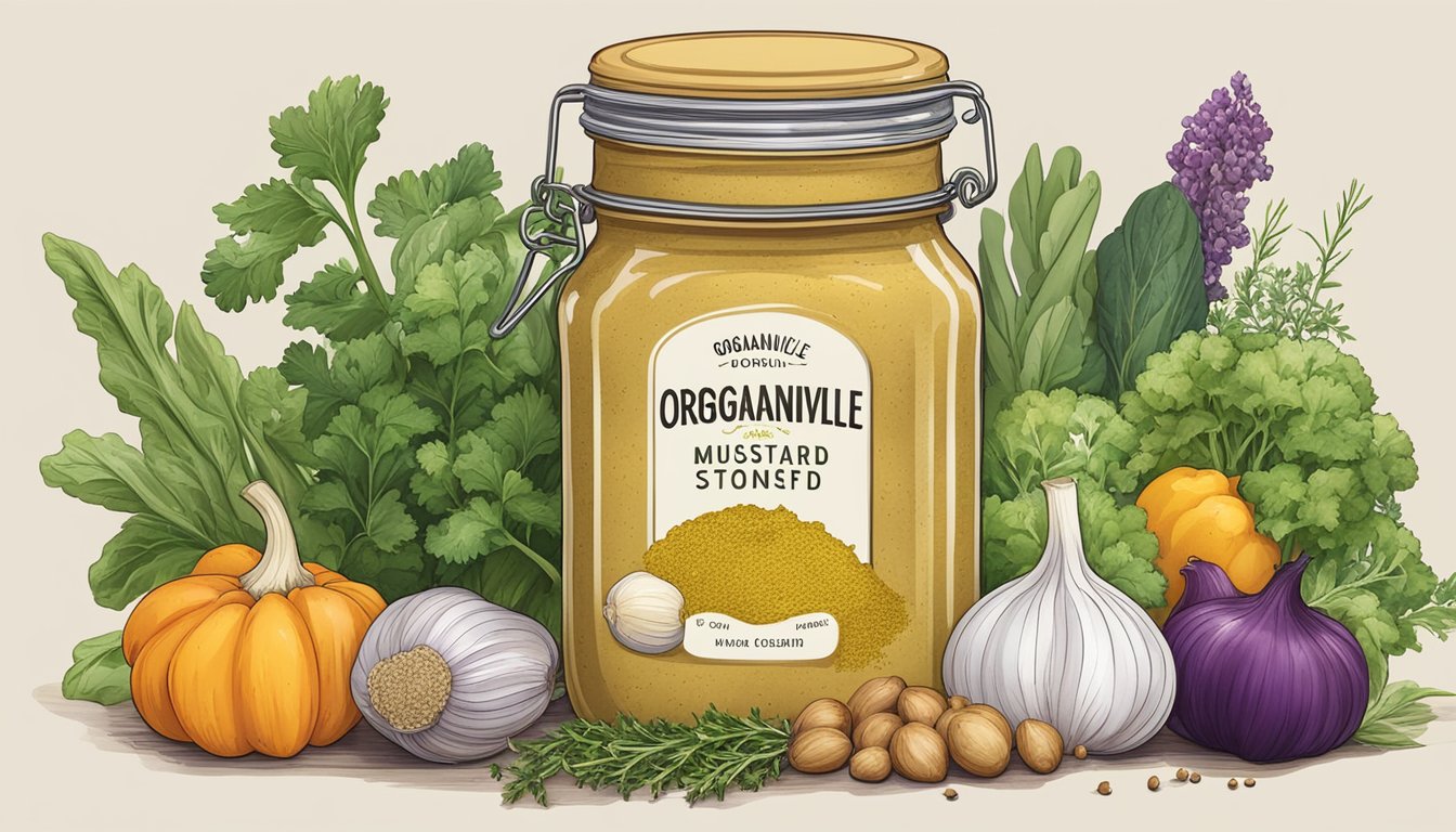 A jar of organicville stone ground organic mustard surrounded by fresh herbs, garlic cloves, and a variety of colorful vegetables