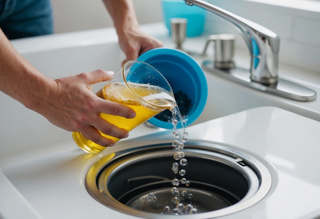 A person pouring eco-friendly solution down a clogged drain, with bubbles and debris being cleared away