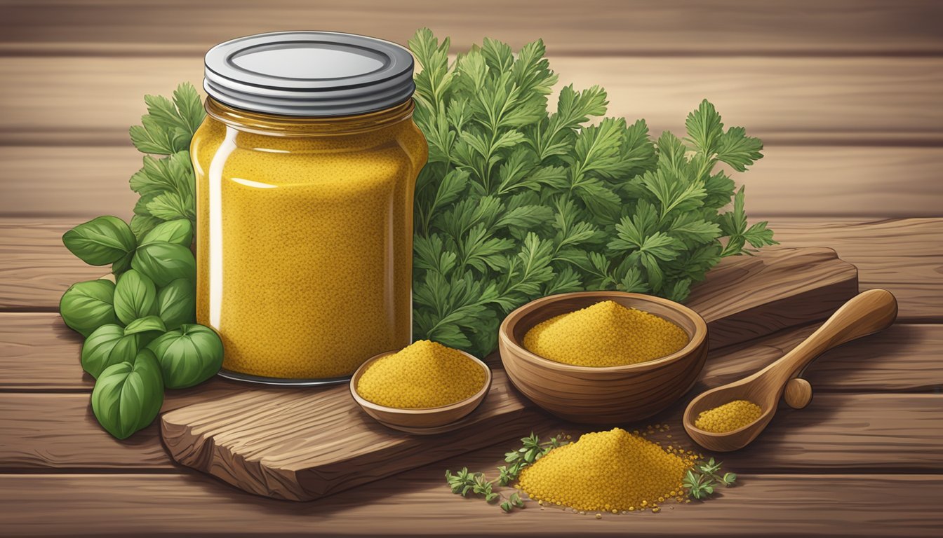 A jar of organicville stone ground organic mustard surrounded by various fresh herbs and spices on a rustic wooden kitchen countertop