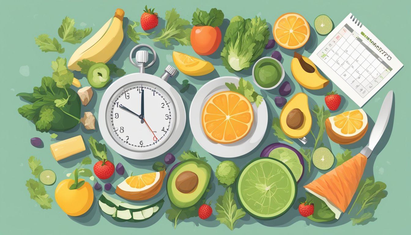 A dinner plate with a variety of healthy, whole foods arranged in a visually appealing manner, surrounded by a stopwatch and calendar to represent the time-restricted eating of the OMAD lifestyle