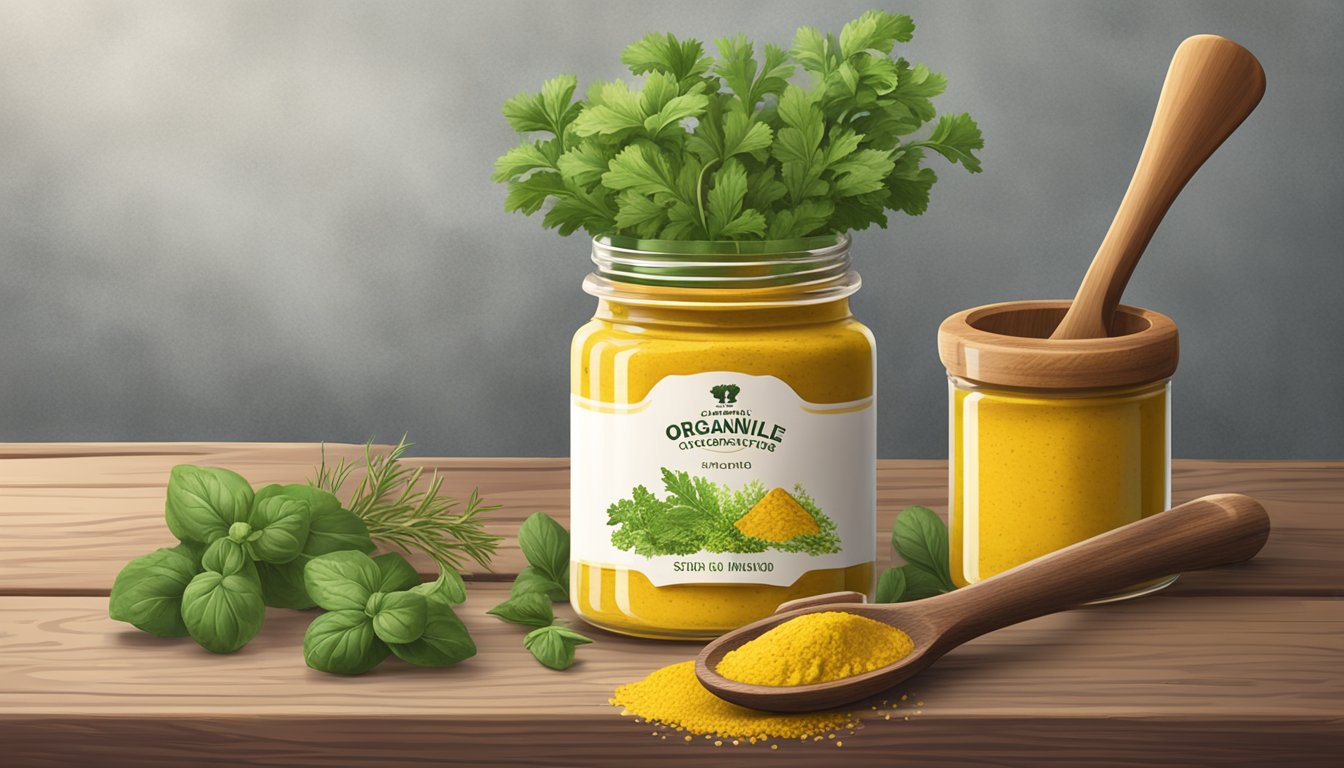 A jar of organicville stone ground organic mustard surrounded by fresh herbs and a wooden serving spoon on a rustic wooden table