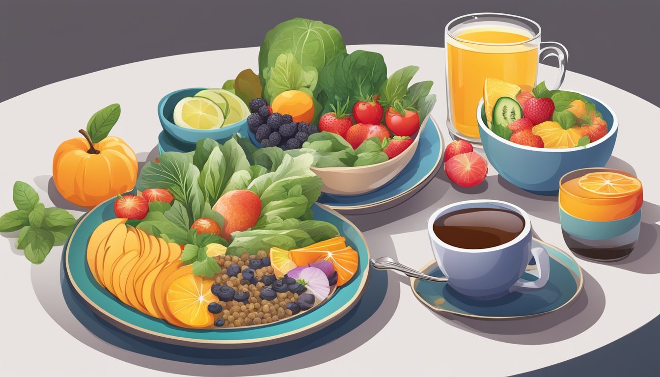 A colorful plate of diverse, nutrient-rich foods arranged in a visually appealing manner, with a glass of water or herbal tea alongside