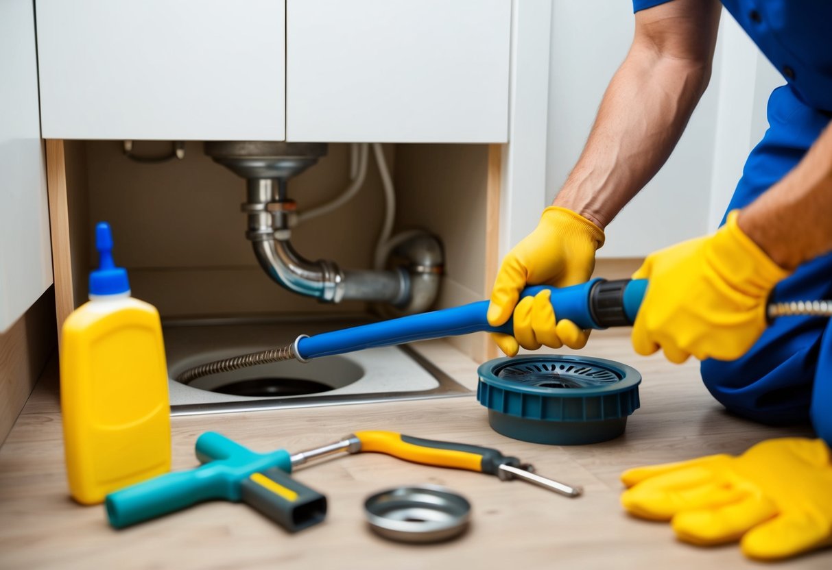 A plumber using a drain snake to clear a clogged drain, with various tools and cleaning products nearby