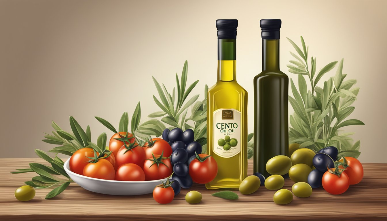 A bottle of cento extra virgin olive oil surrounded by fresh olives, tomatoes, and herbs on a rustic wooden table