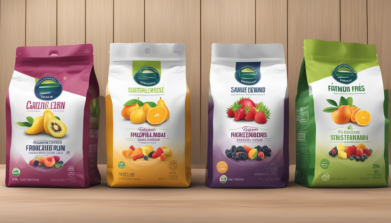 A lineup of top freeze-dried fruit brands with certification logos and quality standards displayed prominently