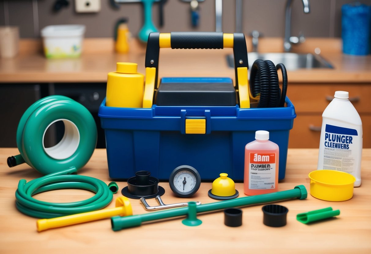 A plumber's toolbox with various drain cleaning tools and equipment laid out on a workbench, including drain snakes, plungers, and chemical cleaners