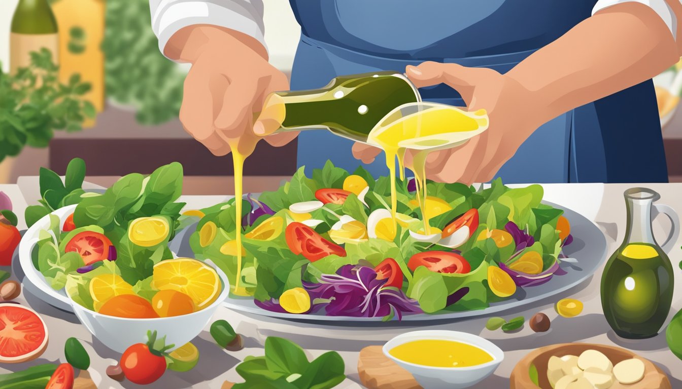 A chef drizzling Cento Extra Virgin Olive Oil over a colorful salad