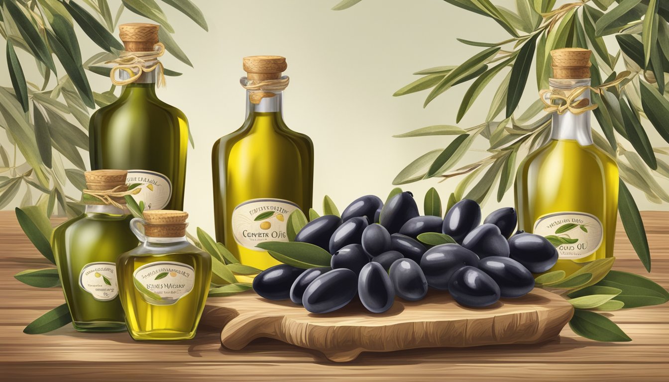 A rustic wooden table displays various bottles of cento extra virgin olive oil, surrounded by fresh olives and olive branches