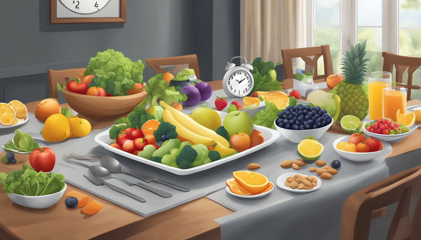 A dining table set with a variety of whole foods, including fruits, vegetables, nuts, and lean proteins, with a clock showing a 24-hour cycle in the background