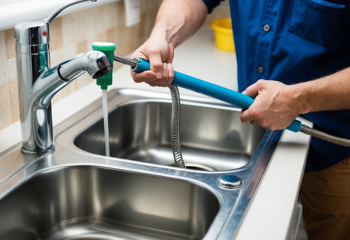 A plumber using a drain snake to clear a clog in a sink, while another person pours a drain cleaning solution down a separate drain