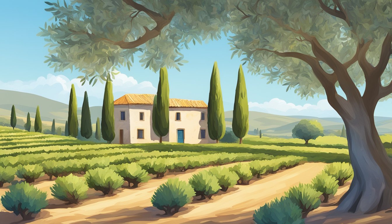 A sun-drenched olive grove with rows of healthy trees, a clear blue sky, and a small stone farmhouse in the background