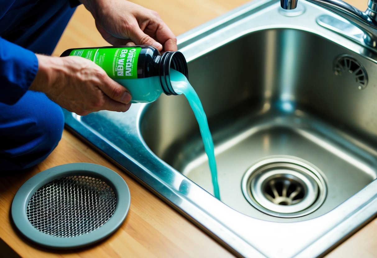 A plumber pouring drain cleaner into a sink, while a mesh drain cover sits nearby