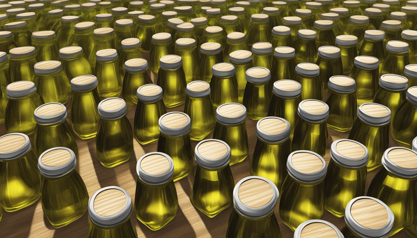 A rustic wooden crate filled with rows of gleaming glass bottles of cento extra virgin olive oil