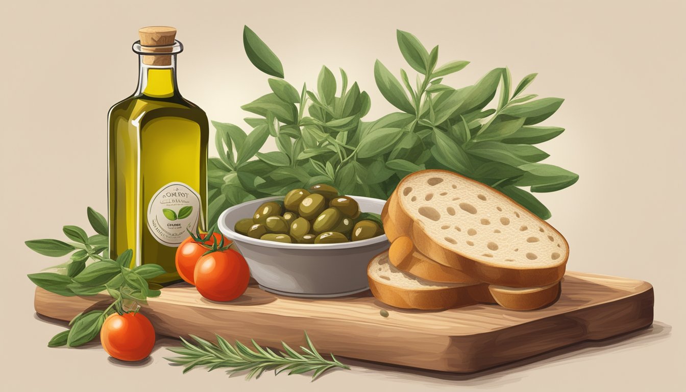 A bottle of cento extra virgin olive oil surrounded by fresh herbs, tomatoes, and a loaf of crusty bread on a wooden cutting board