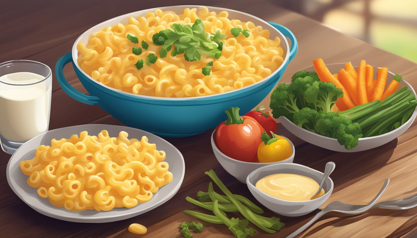 A bowl of Annie's Organic Macaroni & Cheese surrounded by colorful vegetables and a glass of milk on a wooden table