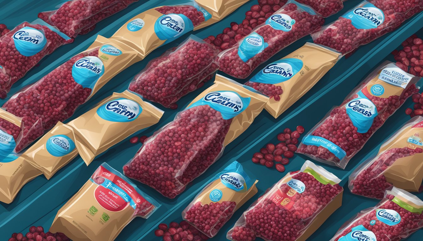 A grocery store shelf filled with bags of Ocean Spray Craisins dried cranberries