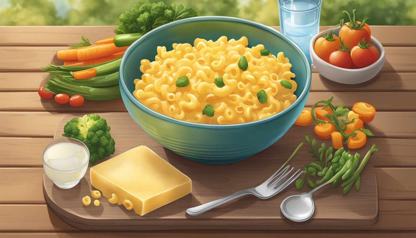 A bowl of Annie's organic macaroni and cheese surrounded by fresh vegetables and a glass of water on a clean, wooden table