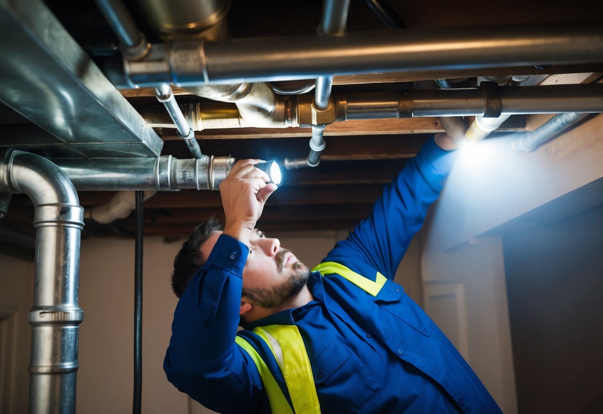 A plumber inspecting pipes under a San Francisco home, using a flashlight to check for leaks and corrosion