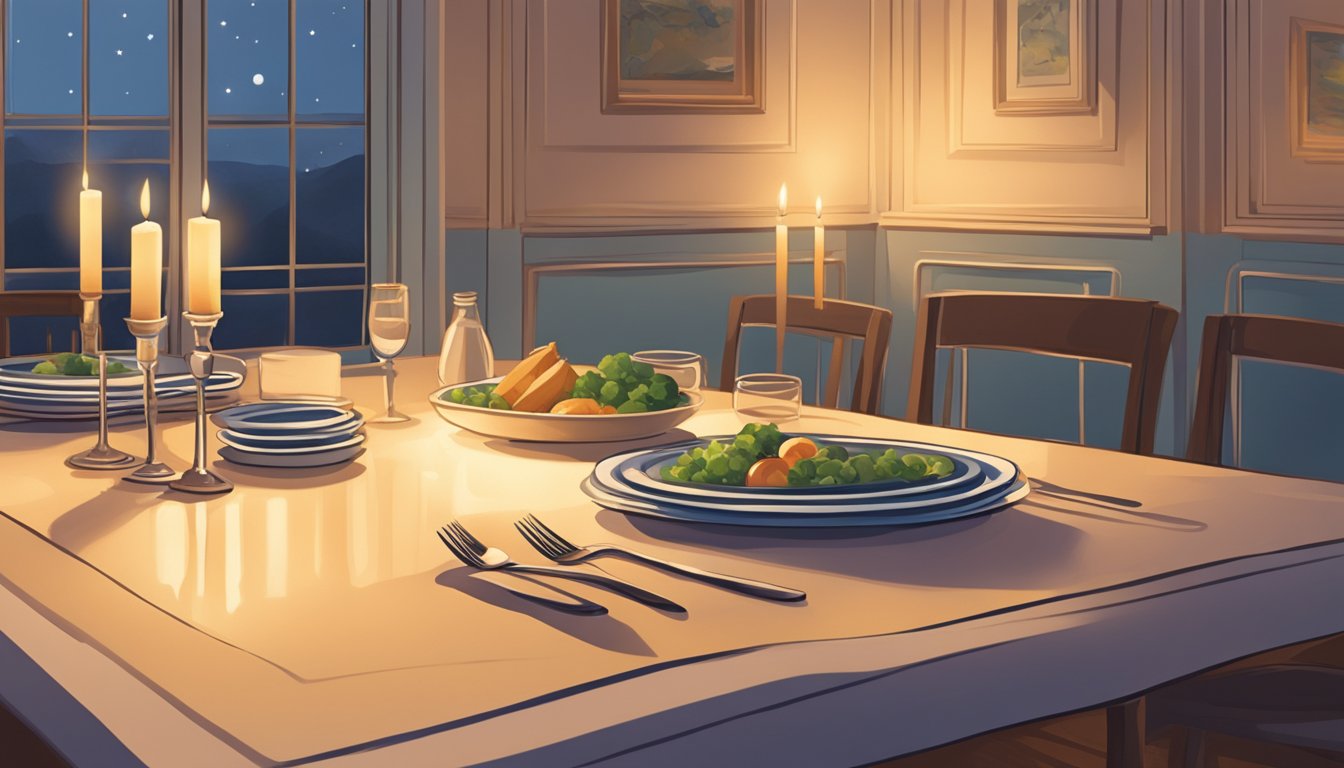 A serene, candlelit room with a table set for a solitary meal. The soft glow illuminates the stillness, evoking a sense of inner strength and discipline