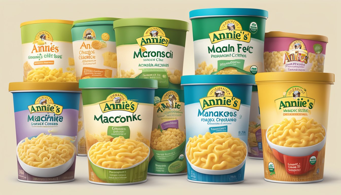 A steaming pot of Annie's organic macaroni and cheese surrounded by different varieties of the product packaging