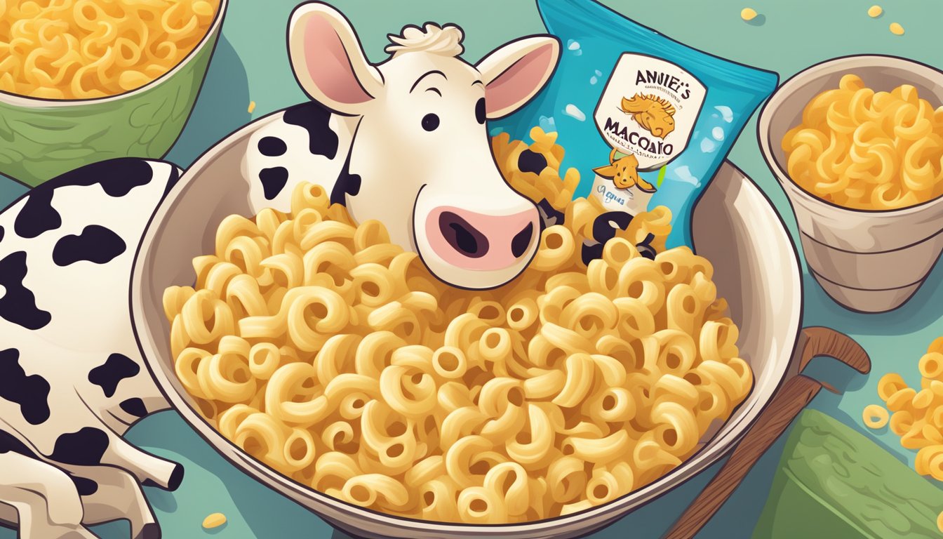 A bowl of Annie's organic macaroni and cheese surrounded by colorful macaroni noodles and a playful cartoon cow