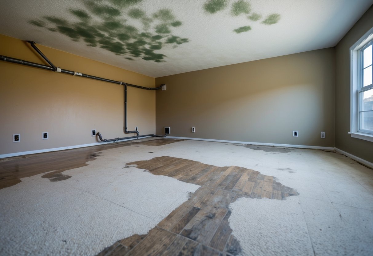 A home with visible water stains on ceilings and walls, warped or discolored flooring, and a musty odor. Visible pipes with signs of corrosion or leaks