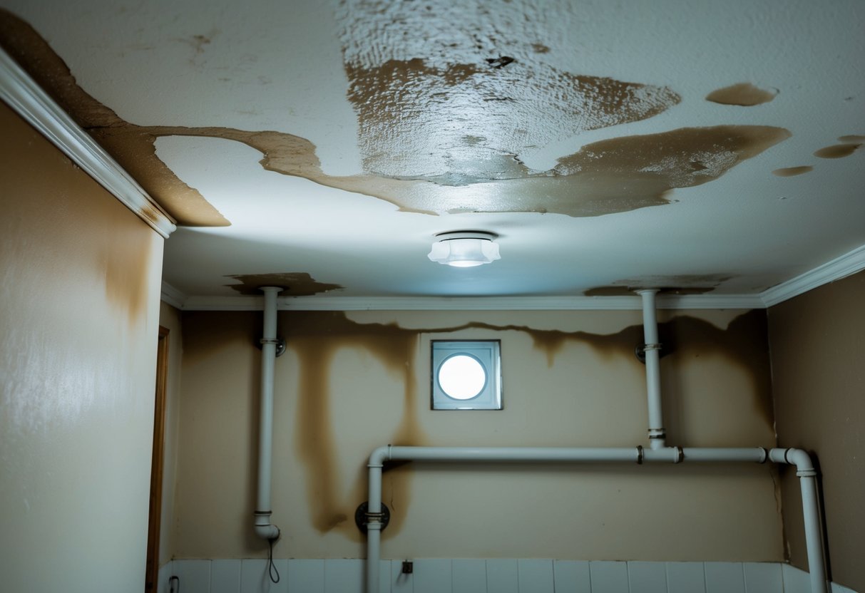 A house with visible signs of water damage, such as damp patches on the walls and ceilings, and water stains around pipes