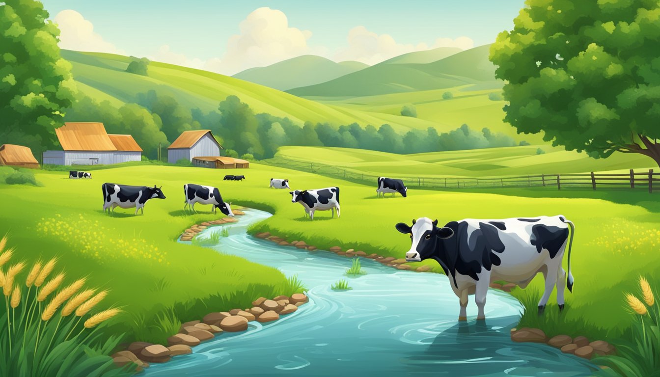 A lush green farm with happy cows grazing, surrounded by fields of organic wheat and vegetables, while a clear stream flows nearby