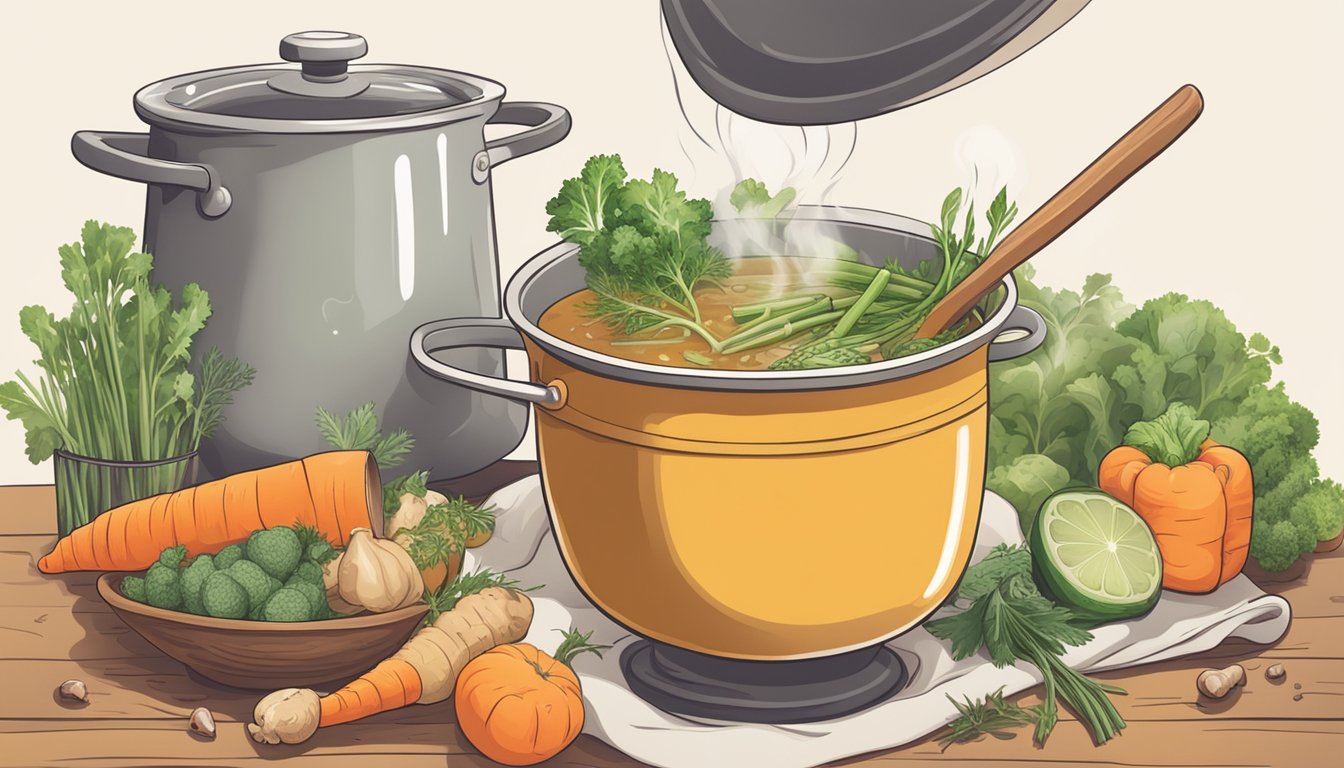 A steaming pot of bone broth surrounded by fresh vegetables and herbs