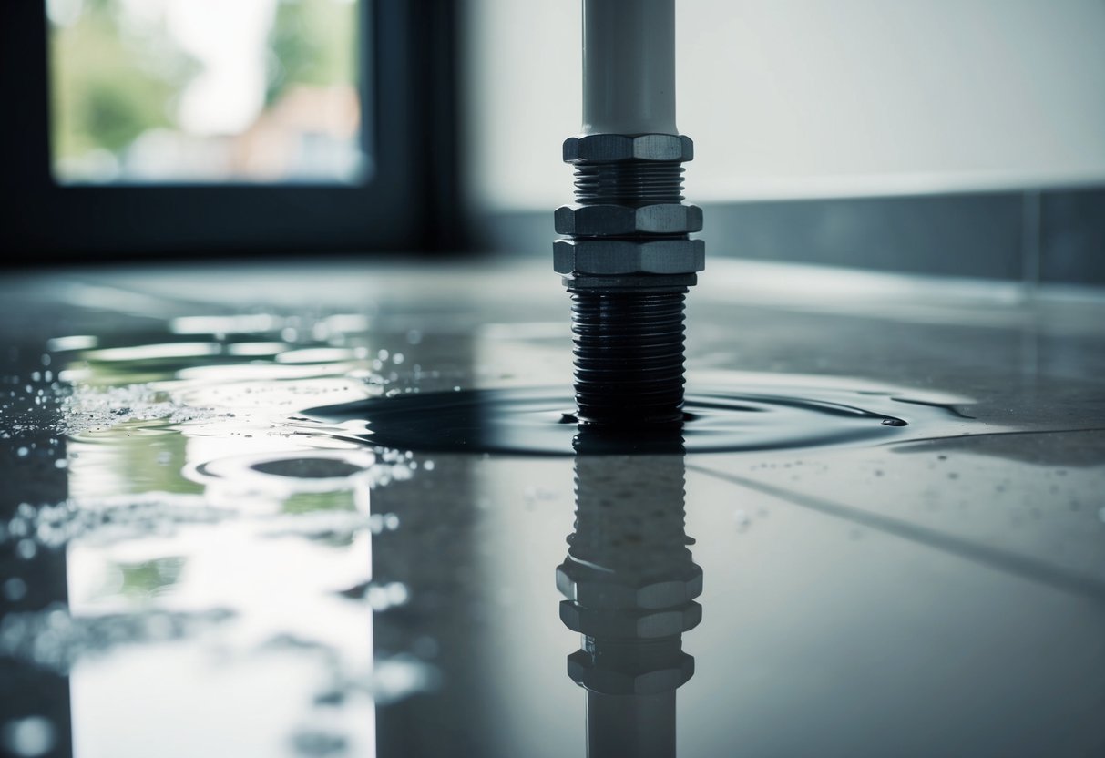 A pipe leaking water onto a floor, with puddles forming and a small crack visible in the pipe